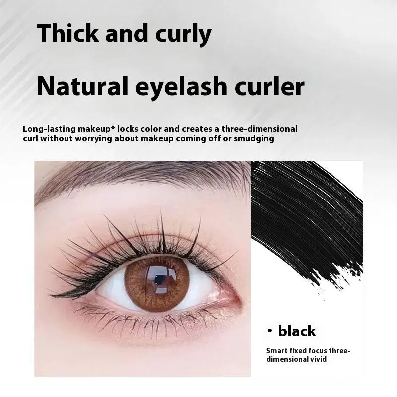 Waterproof steel tube mascara in black and brown shades shown with an eyelash curler.