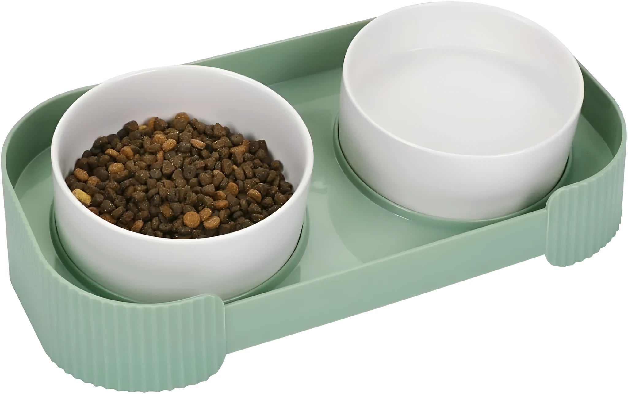Tilted ceramic pet bowls on elevated stand with 15-degree angle for cats and dogs