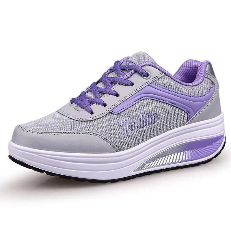 Women's heelless sports shoes in multiple colours with a middle heel, shown on a size chart from 35 to 42.