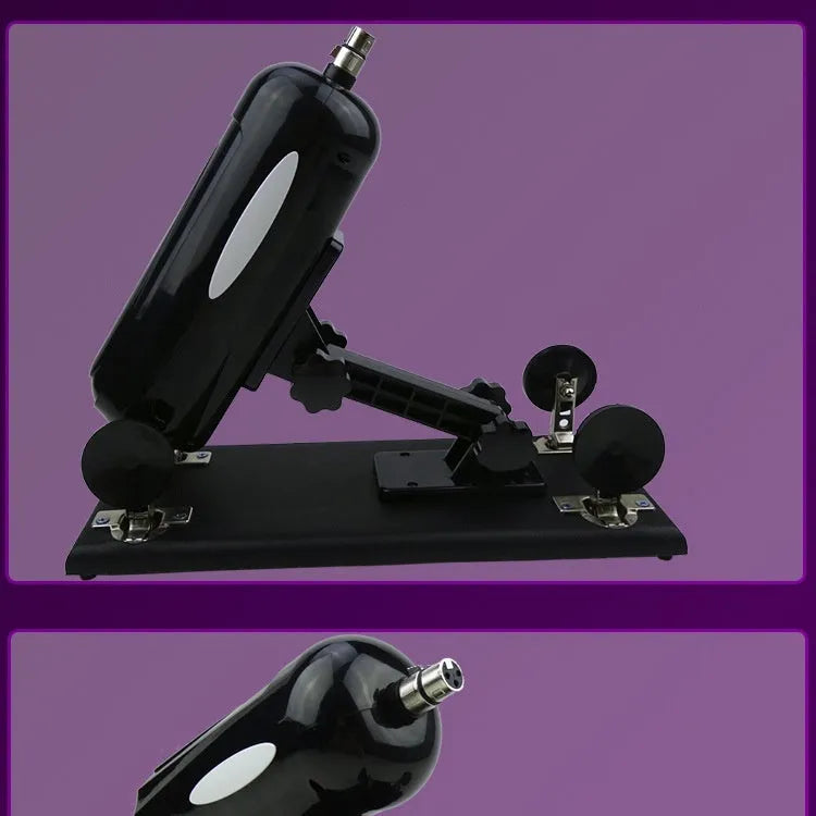 Purple automatic telescopic thrusting sex toy for women on a neutral background