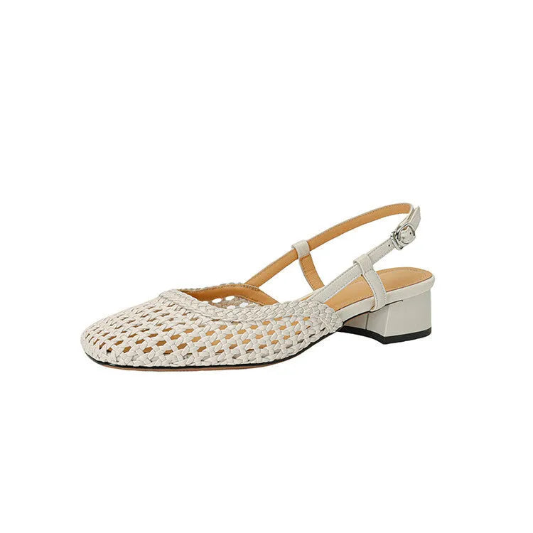 Women's beige woven hollow-out closed toe sandals with chunky 4cm heel and buckle fastening