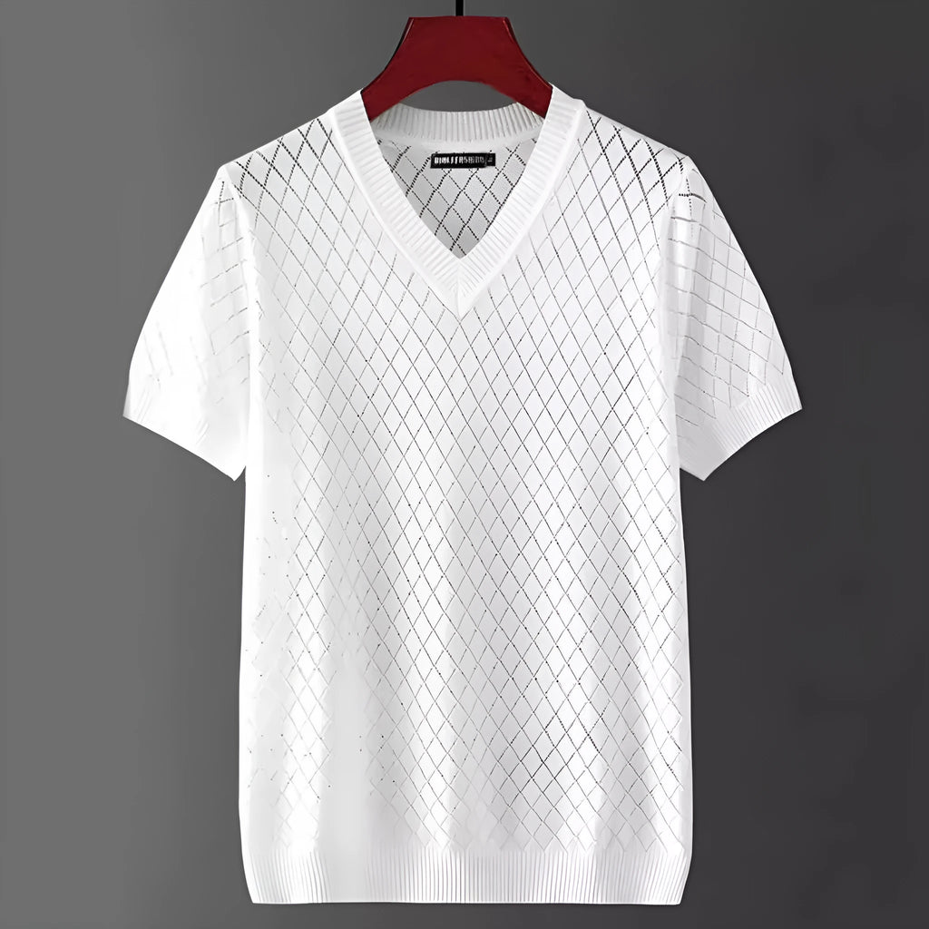 Men's black and white plus size short sleeve T-shirt showing V-neck and round neck styles