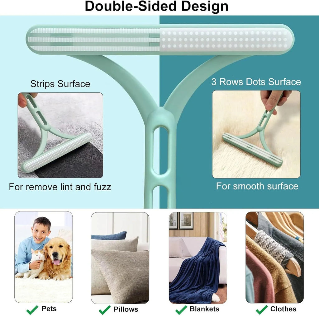 Three-piece pet hair remover set with metal tool, silicone brush, and round ABS/TPR cleaner on a carpet.