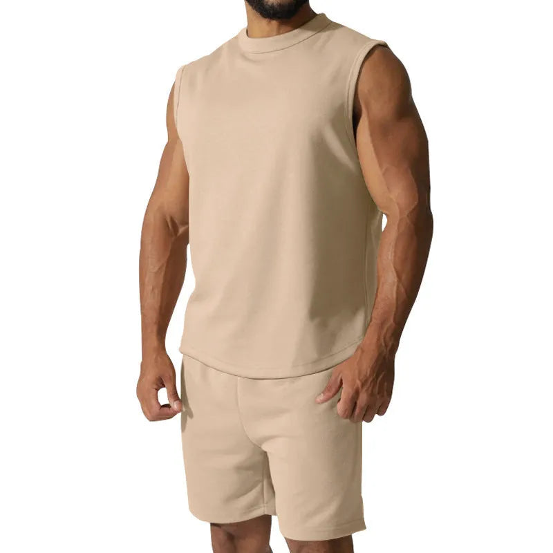 Men's sleeveless sports suit set in cotton blend fabric with matching shorts