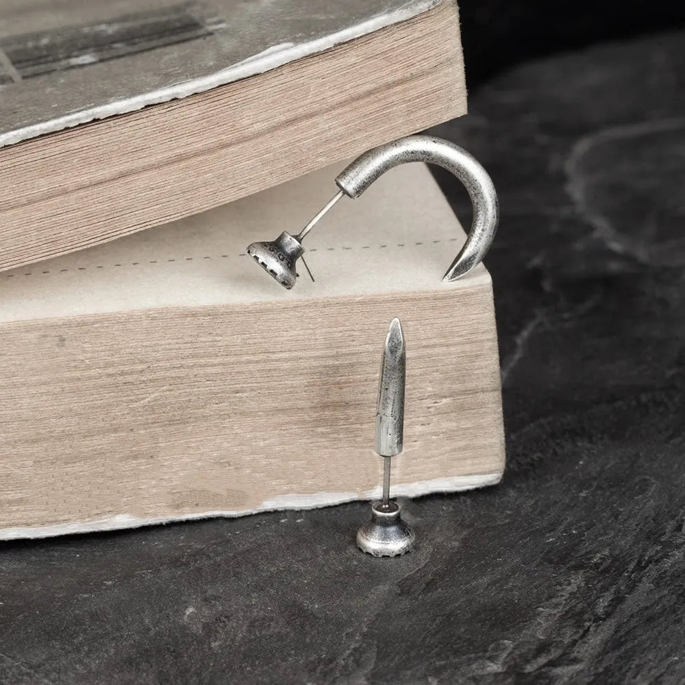 S925 Sterling Silver punk stud earrings with retro nail design in straight and curved styles