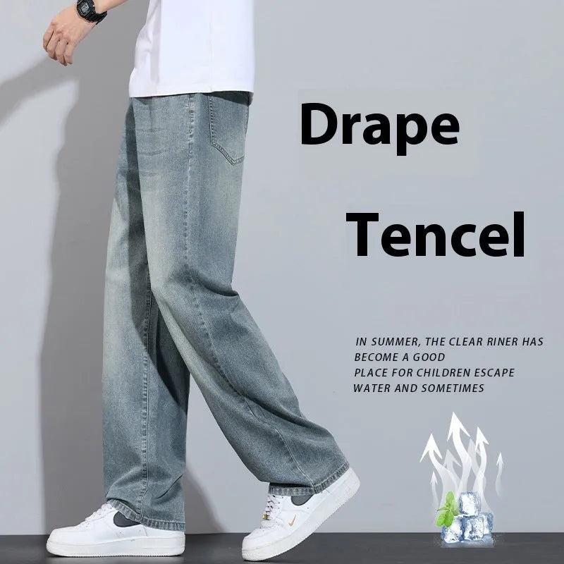 Ice silk denim wide-leg trousers straight casual style with zip placket fly opening