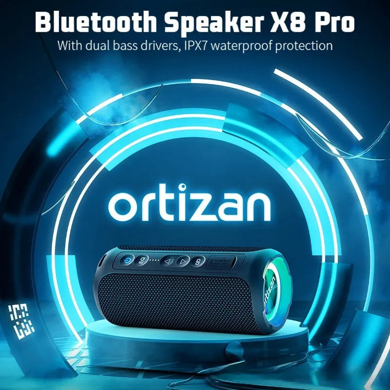 Black and blue fabric wireless Bluetooth speaker with lighting effects showing front view