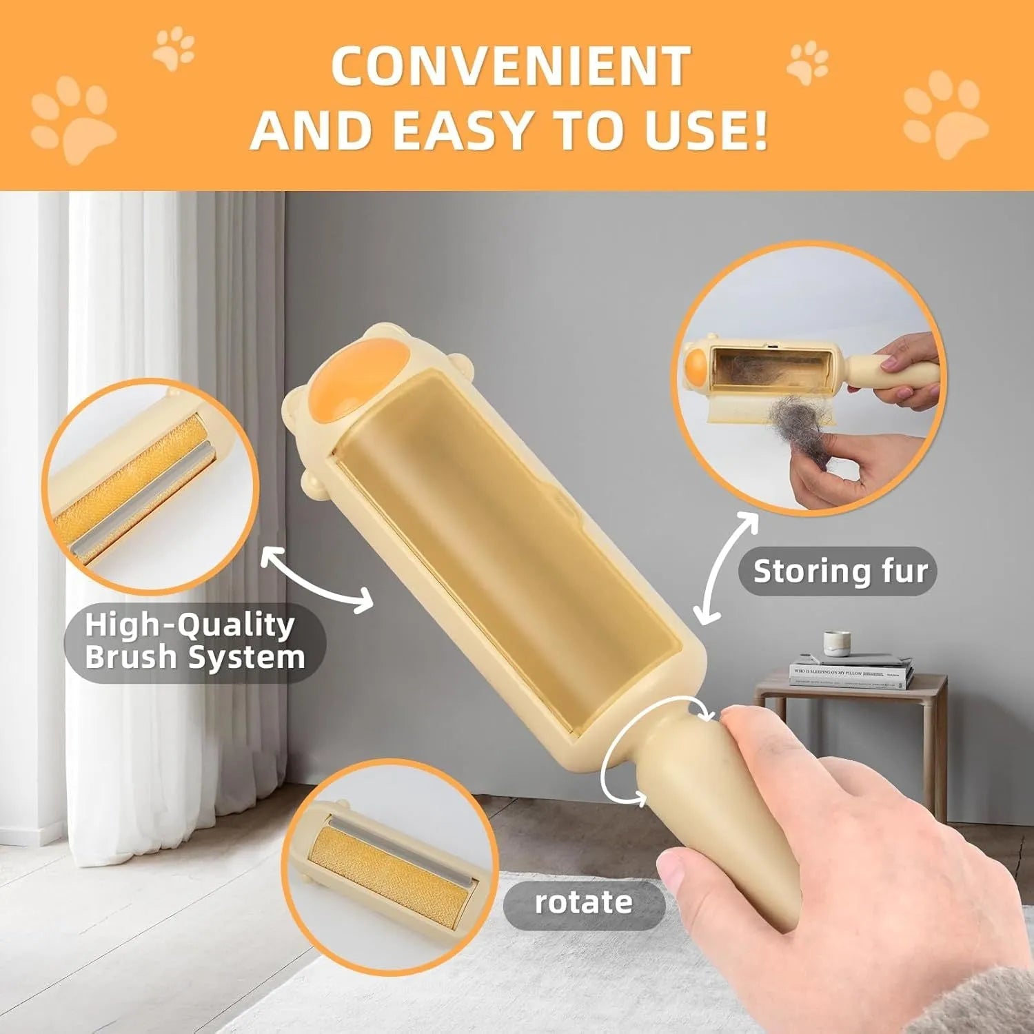 Self-cleaning pet hair removal roller tool for furniture and car seats in blue, pink, or yellow colours