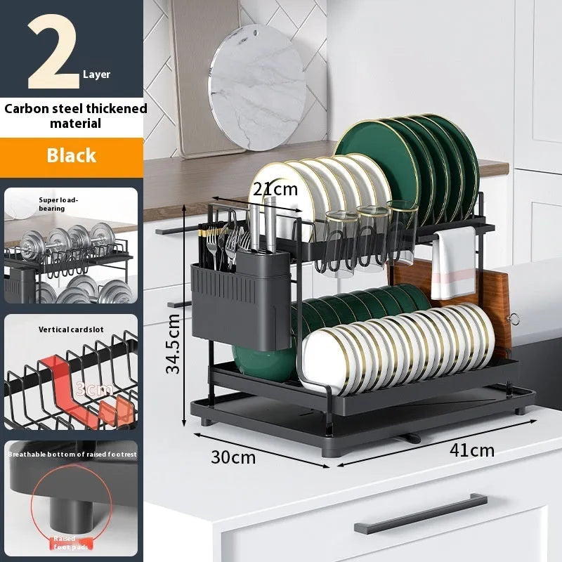 White double-layer steel wire storage rack with removable draining section