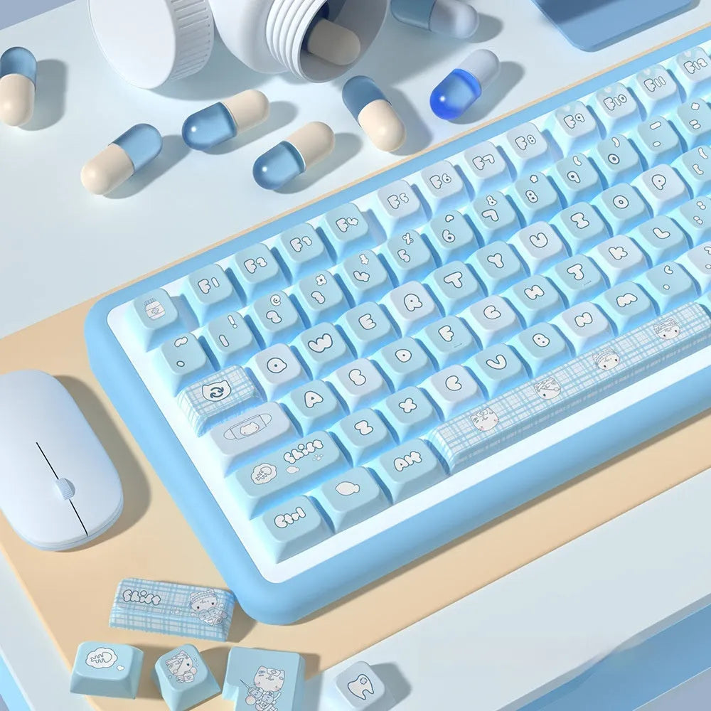 Watercolour kitten custom PBT keycap set for mechanical keyboards, showing 138-key and 158-key full set options