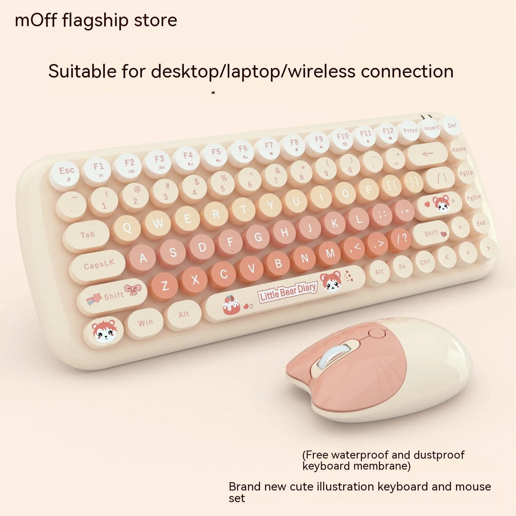 Candy pink wireless keyboard and mouse set on a desk next to a notebook computer.