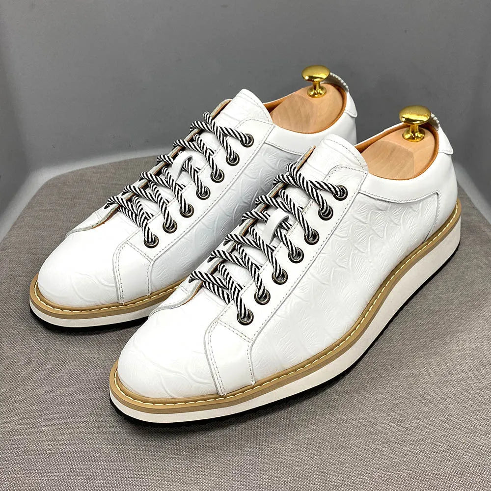 Men's embossed pattern canvas shoes with front tie closure in low tube height design
