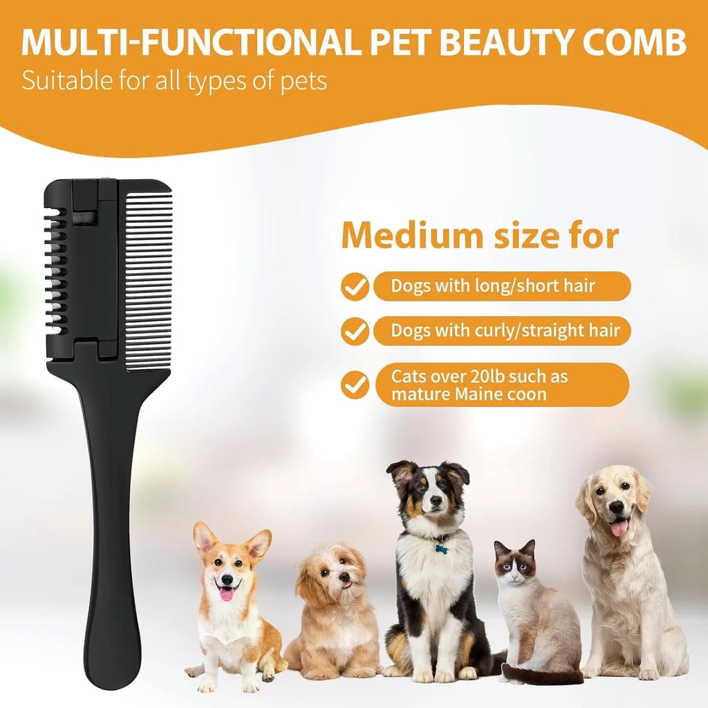 Pet razor comb for dogs and cats with replacement blades on a white background