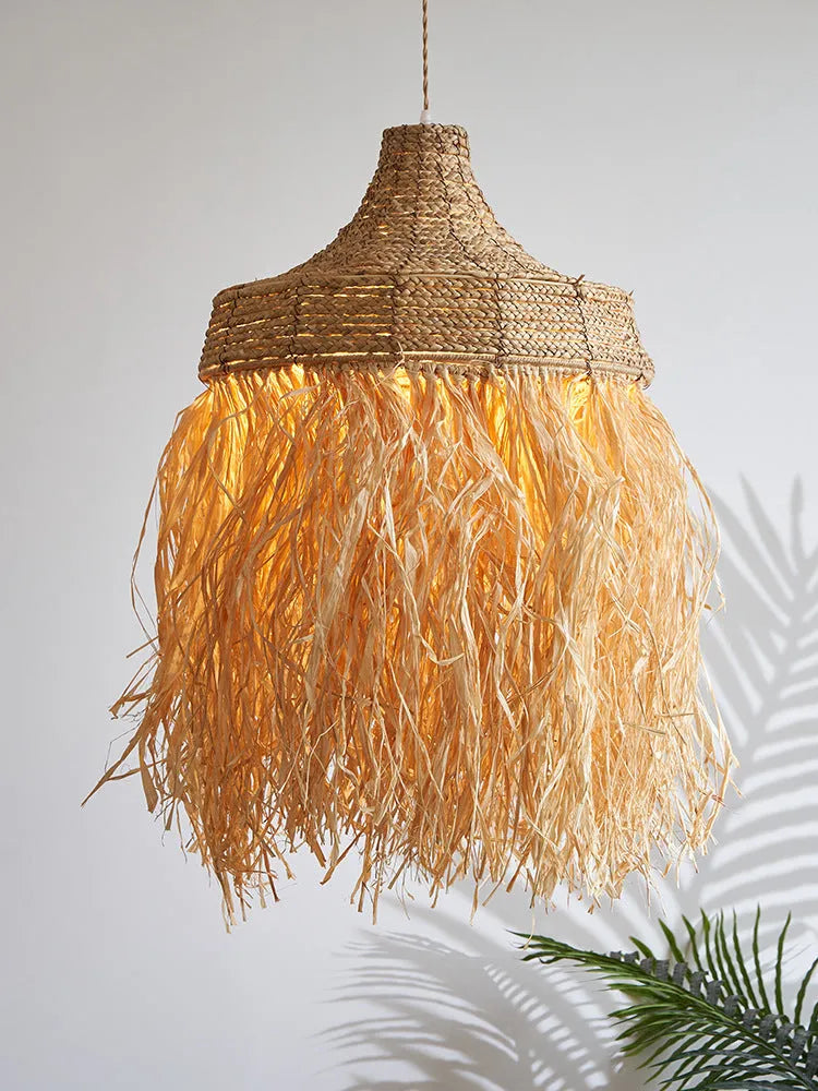Southeast Asian style pendant light with a 50cm woven rattan and willow shade