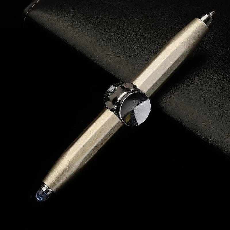 Metal ballpoint pen with integrated fingertip spinner and LED lights, shown in hand