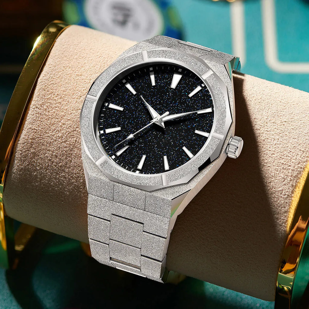 Men's business watch with frosted stainless steel case, luminous hands, analogue display in silver colour