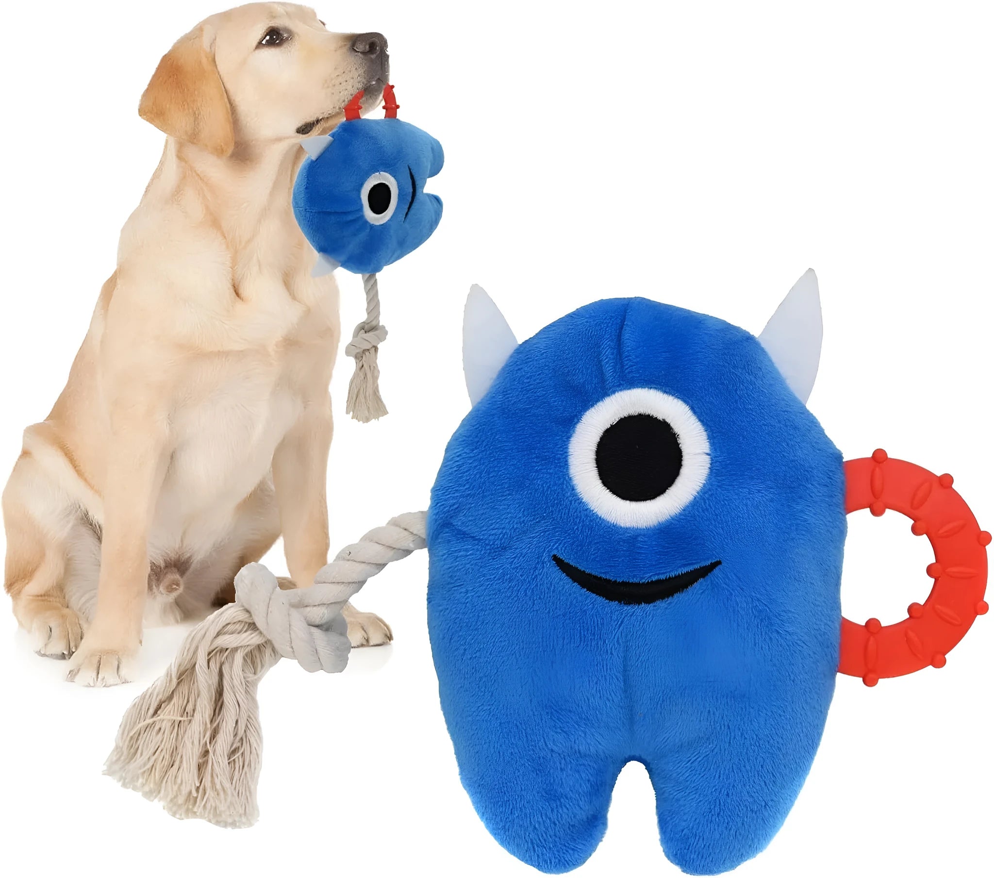 Blue and green plush dog toys with integrated cotton rope and squeaker for chewing and tugging play