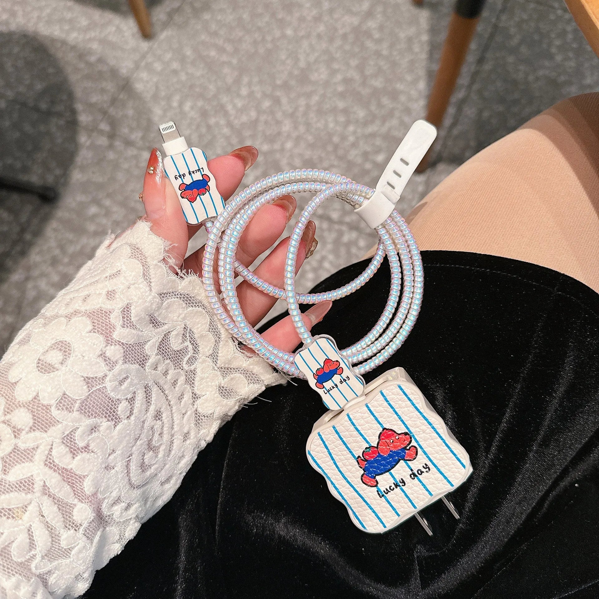 Cartoon puppy design USB cable protection sleeve for fast charging cables in lambskin material