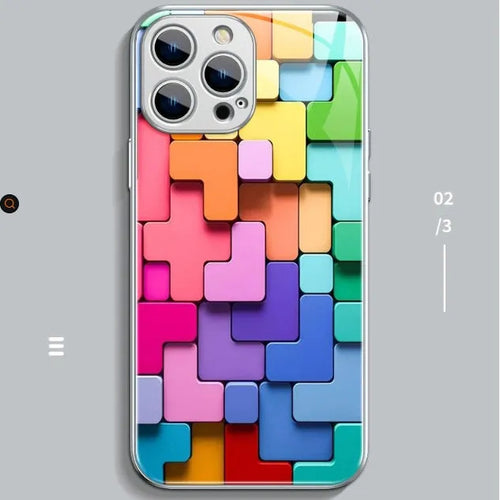 Colourful building block geometry pattern on a black silicone back cover case for an iPhone.
