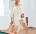 Apricot crocheted patchwork women's dress with half sleeves and mid-length skirt