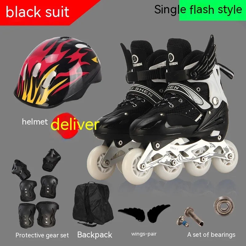 Child's adjustable roller skates in yellow with PU foam wheels, aluminium frame, and full set of protective gear including helmet.