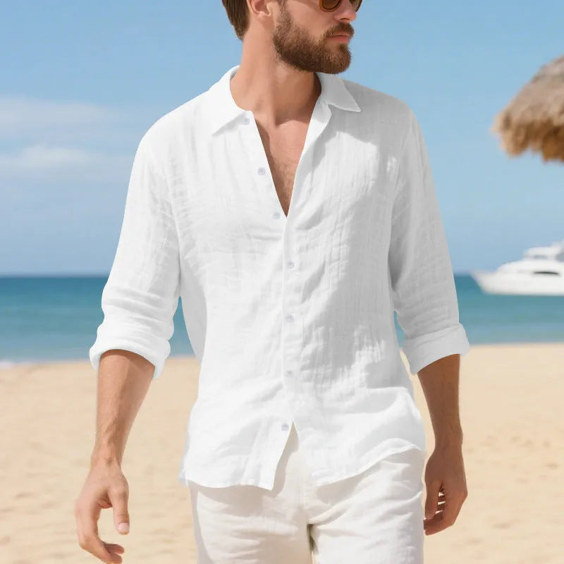 Linen American-style casual shirt in loose fit with non-ironing process