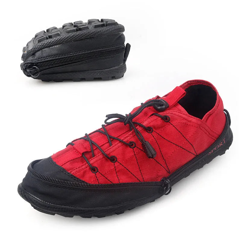 Portable folding outdoor hiking shoes in orange, featuring a mesh upper and side zipper closure.