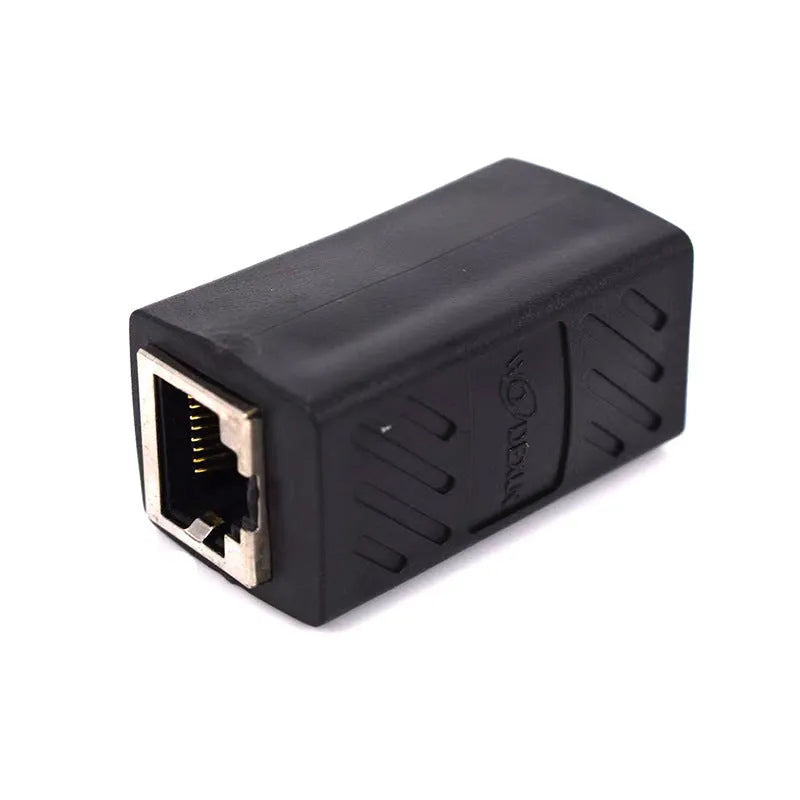 Black RJ45 network cable extender adapter with gold-plated contacts for joining Ethernet cables