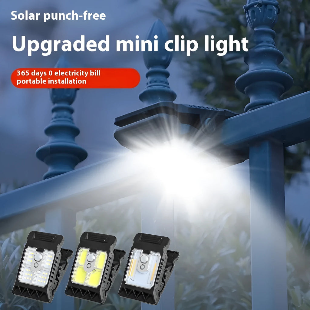 Compact white ABS motion sensor clip lamp with LED light, shown clipped to a surface.