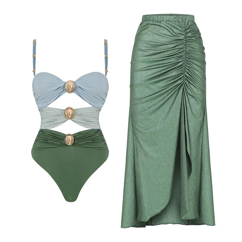 Yellow and green women's high waist split swimsuit bikini set with skirt on mannequin