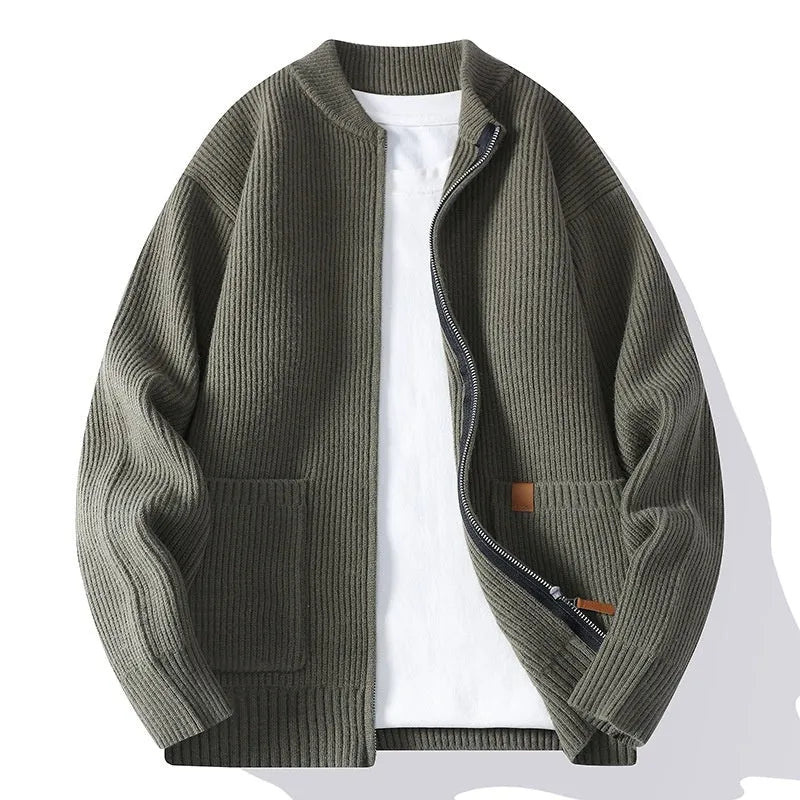 Men's beige striped straight fit cardigan jacket on a hanger.