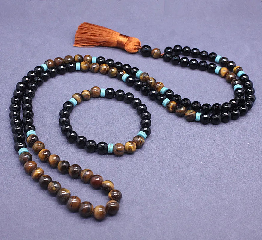 Black agate tiger eye stone bracelet and necklace set with geometric bead design