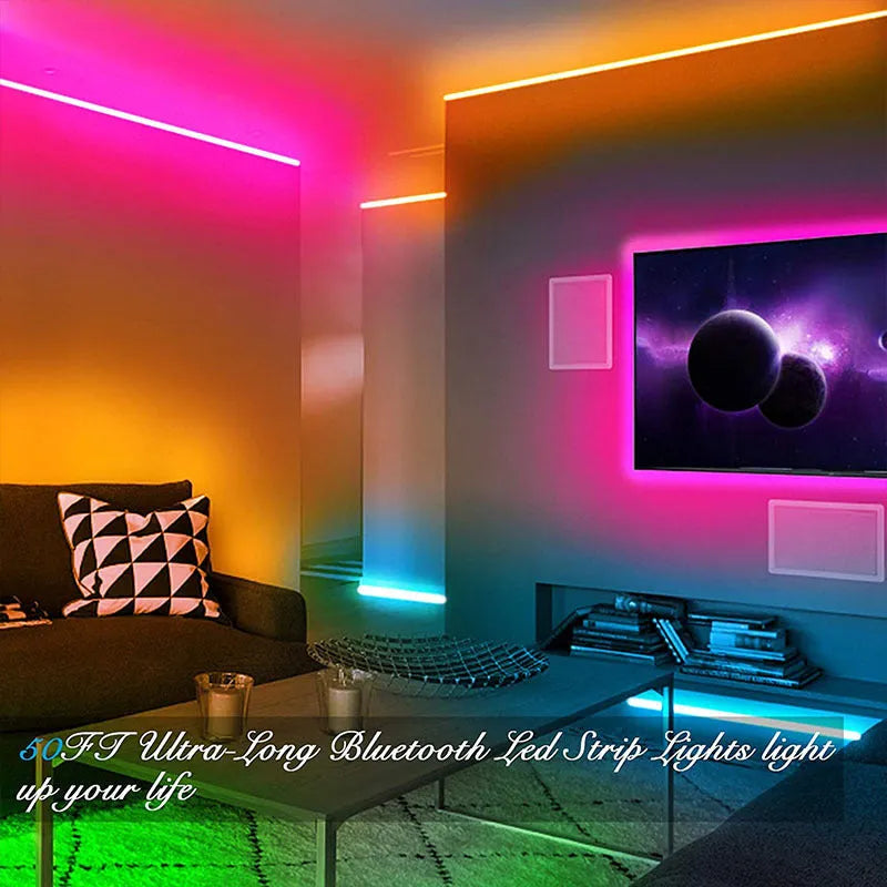 RGB LED strip light with Bluetooth remote control showing colour-changing capabilities