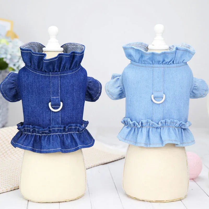 Blue denim dog dress with ruffles and leash hooks on chest and back in dark and light blue colours