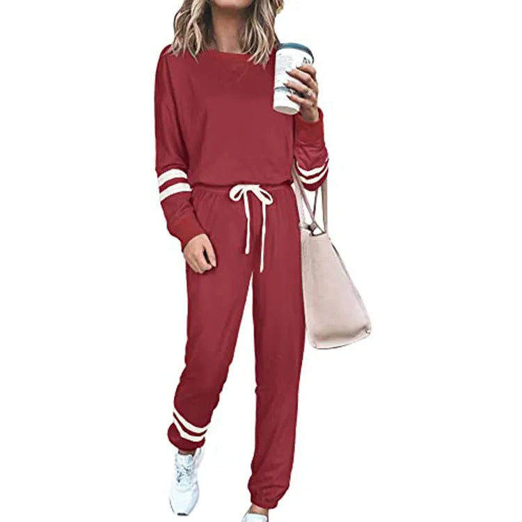 Women's plus size casual suit set with loose-fitting top and trousers in solid colour