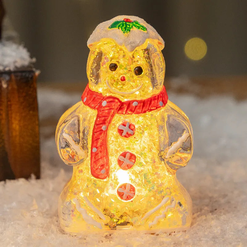 Glowing plastic gingerbread man Christmas ornament with a scarf in red, white, or transparent colours.