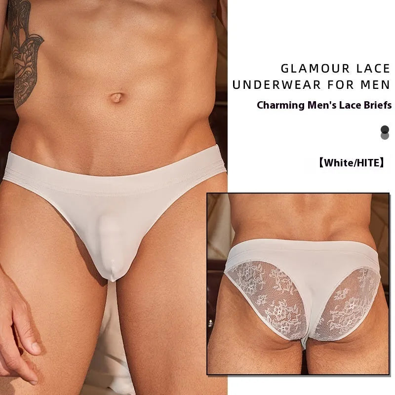 Men's black shark skin lace briefs with European and American fit design