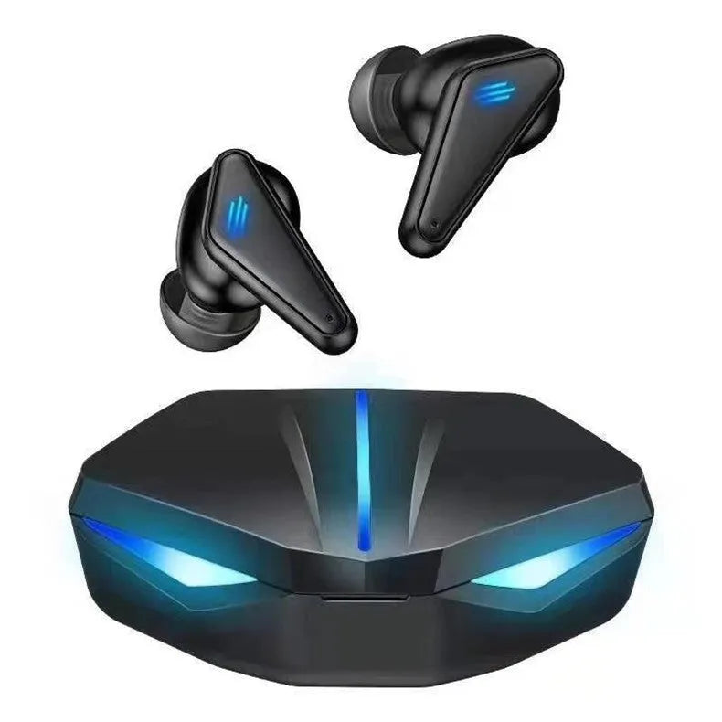 Black X15 wireless Bluetooth in-ear gaming headphones with charging case on a grey background.