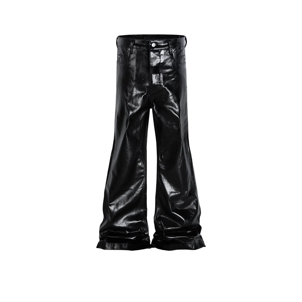 Black shiny patent leather skinny jeans with straight leg cut and mid waist fit