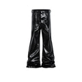 Black shiny patent leather skinny jeans with straight leg cut and mid waist fit