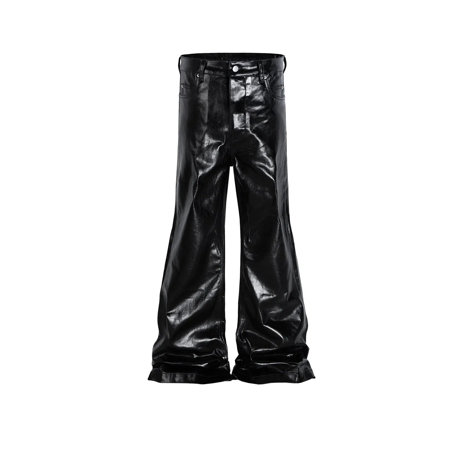 Black shiny patent leather skinny jeans with straight leg cut and mid waist fit