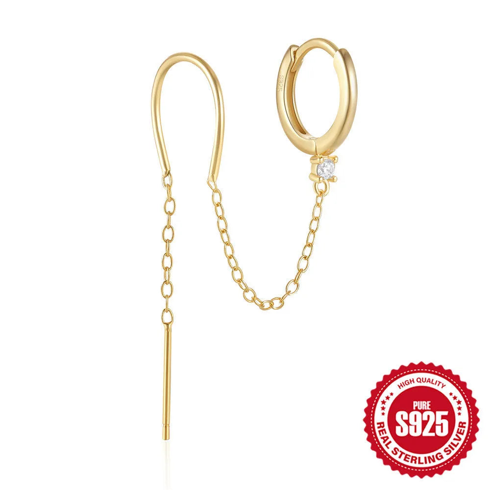 S925 sterling silver flower tassel chain ear studs with geometric shape and gold electroplated finish