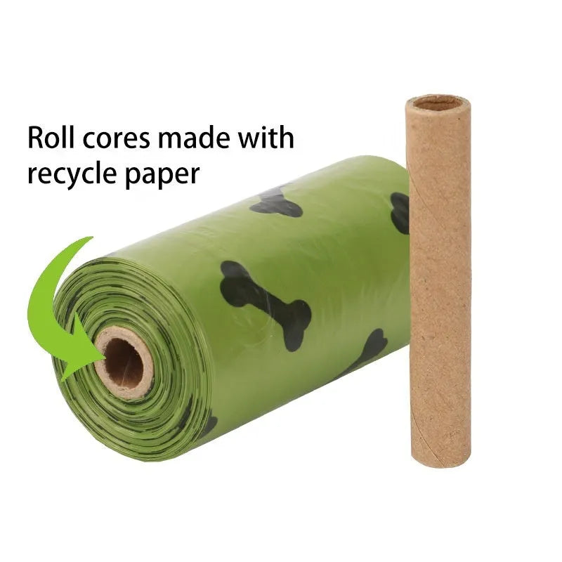 Military green degradable dog poop bags with black bone printing, showing 23x33cm size and roll packaging