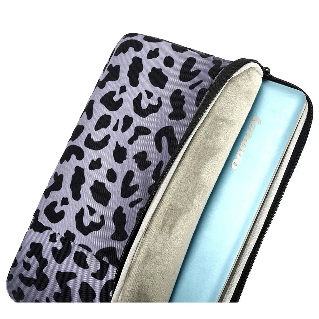 Leopard print laptop sleeve for 13-inch and 15.6-inch laptops with flannel lining
