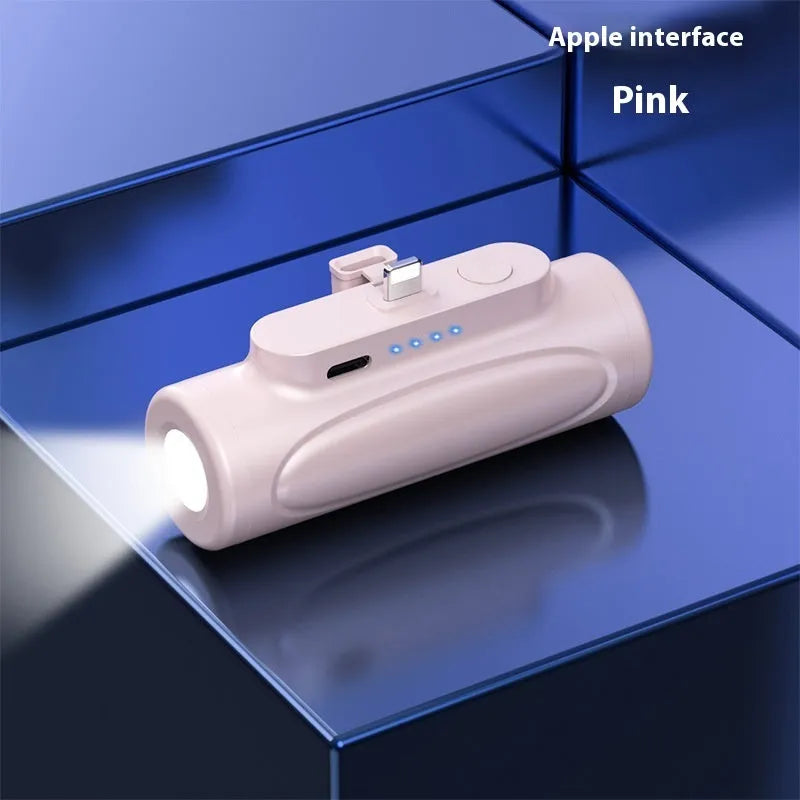 Black creative power bank with LED flashlight showing Type-C port and compact 83x27x41mm dimensions