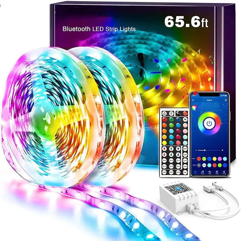 RGB LED strip light with Bluetooth remote control showing colour-changing capabilities