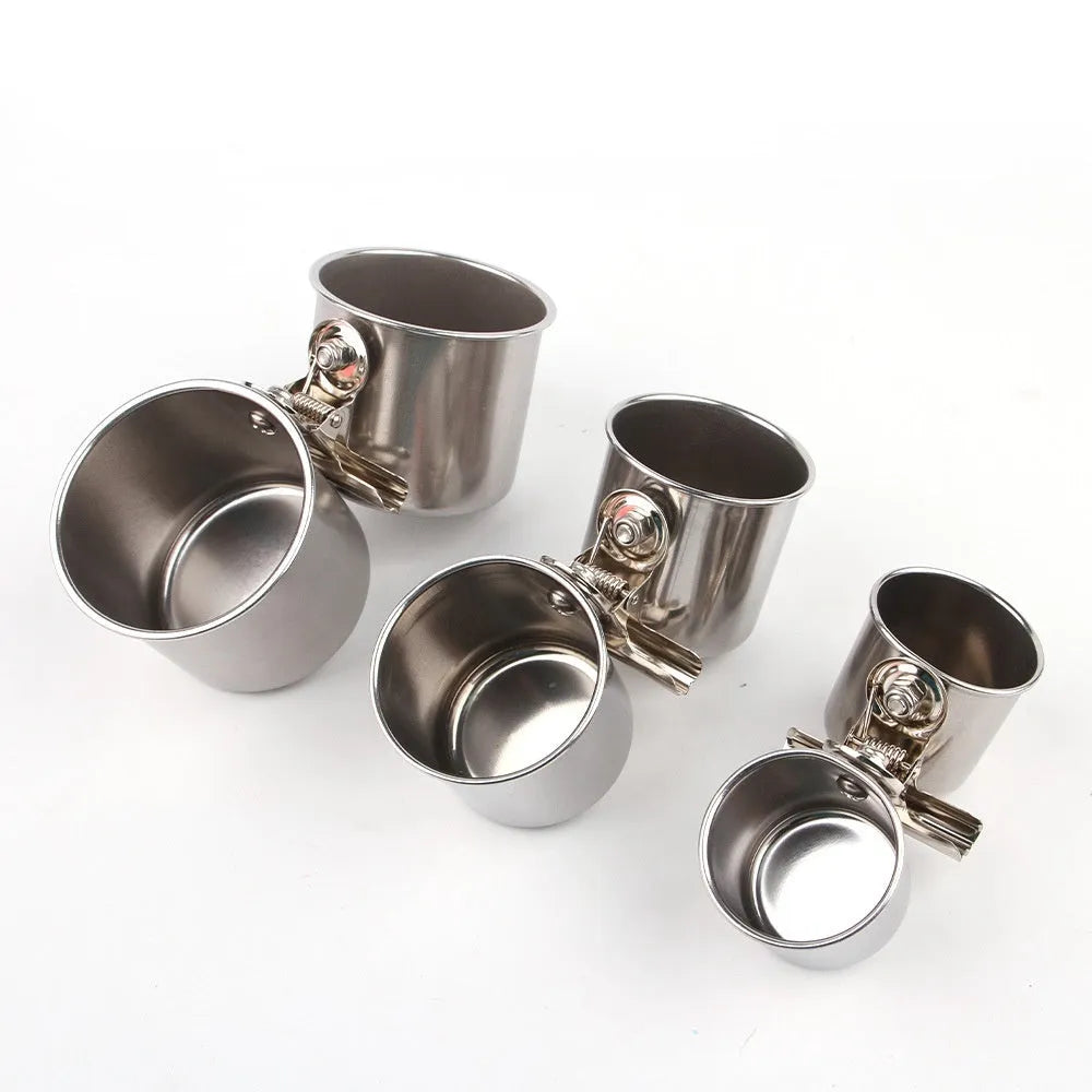 Stainless steel birdcage food container feeder in natural colour for outdoor use.