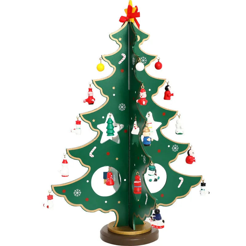 36cm tall wooden Christmas tree decoration with hand-painted green finish on desktop