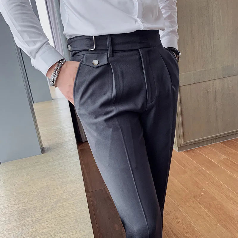 Straight leg casual trousers in solid colours on a hanger.