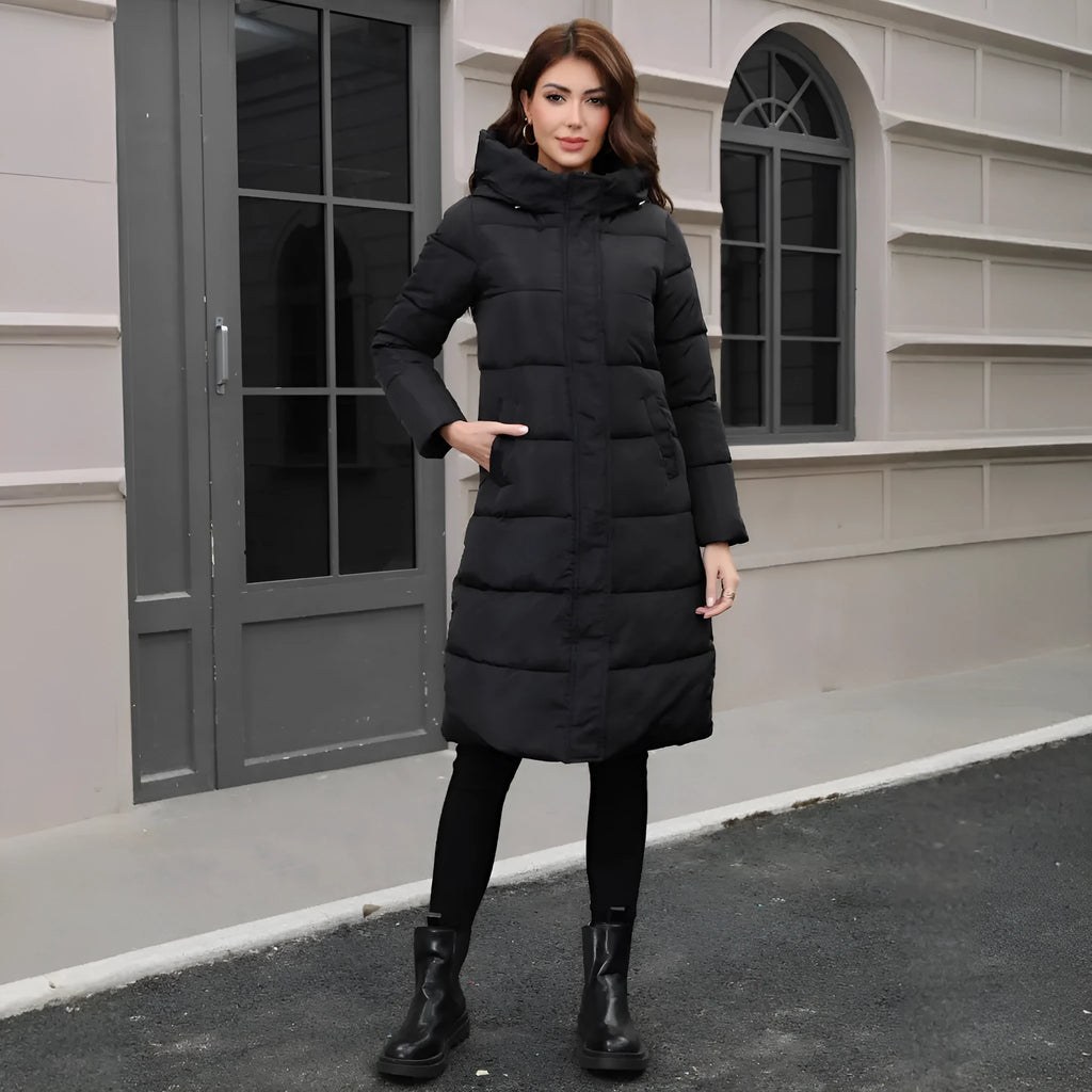 Black hooded slim fit winter jacket with regular sleeves on mannequin